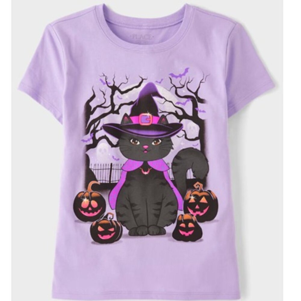 Girls Cute Lil Witch Cat Graphic Tee – Purple (Med 7/8) BRAND-NEW & SUPER CUTE!